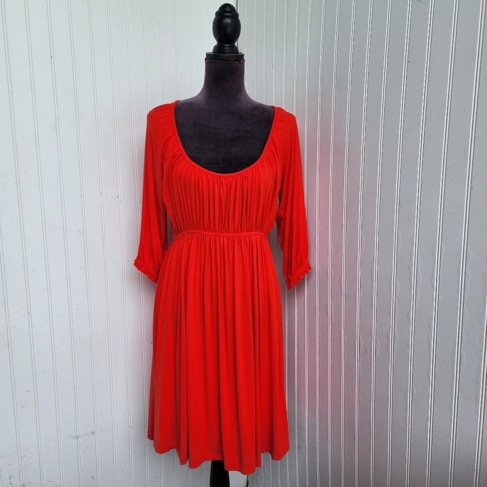 New York and Company Dress Women Bright Red 3/4  Sleeve Rayon Stretch Scoop Sz S